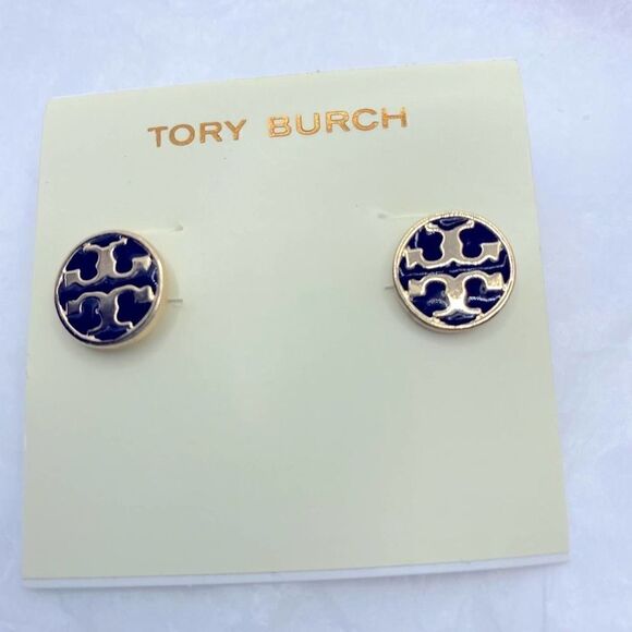 NWOT Tory Burch Gold Logo Black Enamel Small Stud Earrings - Picture 3 of 5